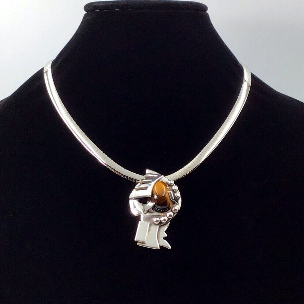950 Silver Tiger’s Eye Pendant Taxco Artisan Signed 32.4 Grams 2.25”